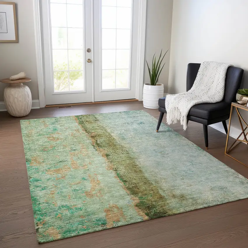 Green Olive Green And Blue Abstract Washable Indoor Outdoor Area Rug Photo 8