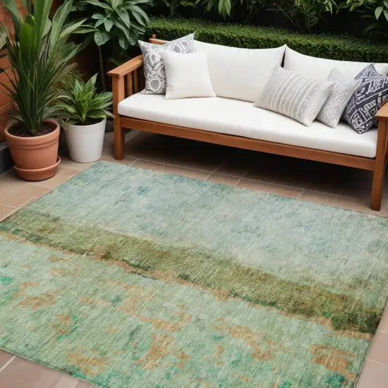 Green Olive Green And Blue Abstract Washable Indoor Outdoor Area Rug Photo 1