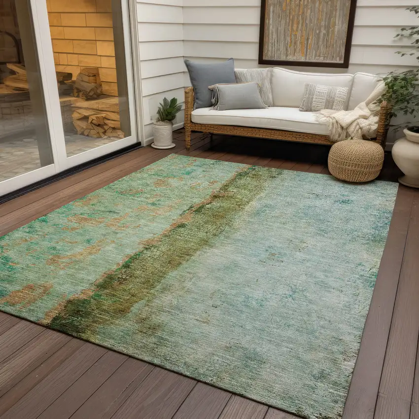 Olive Green And Blue Abstract Washable Indoor Outdoor Area Rug Photo 9
