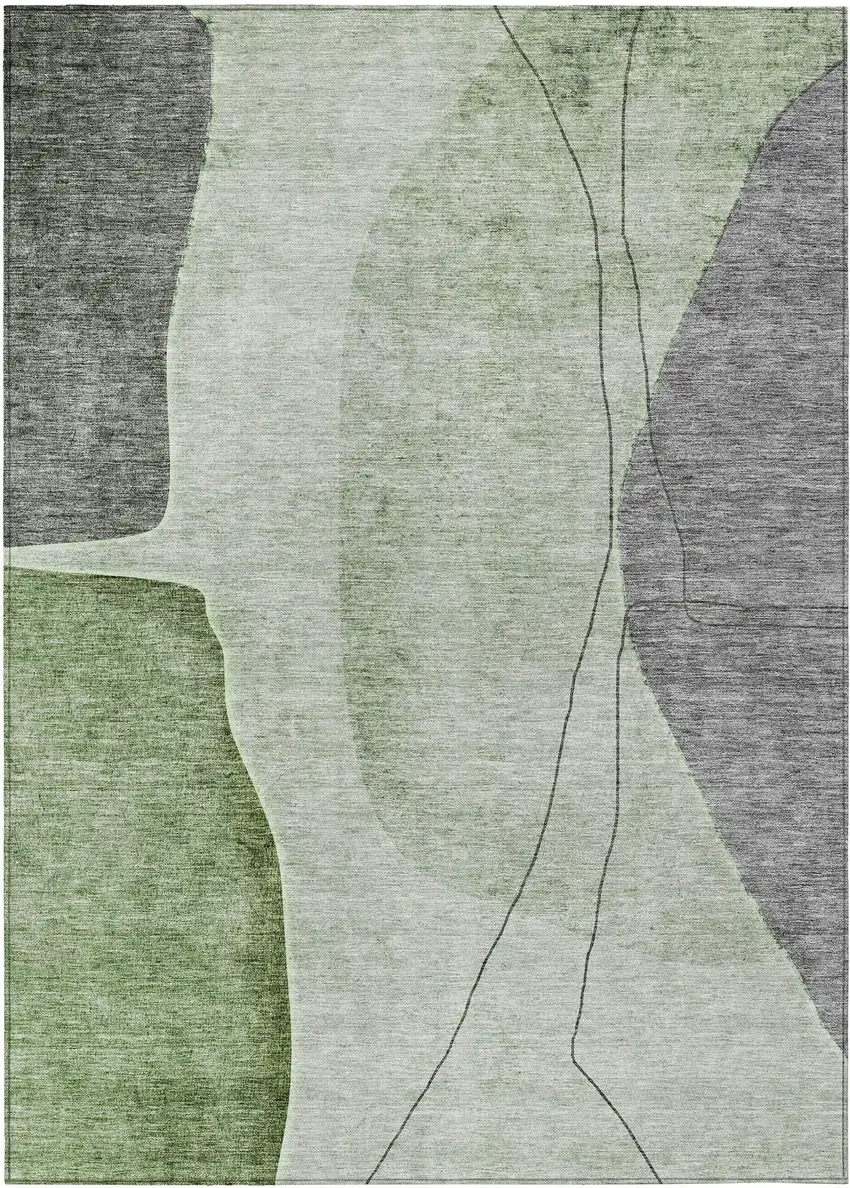 Green Olive Green And Gray Abstract Washable Indoor Outdoor Area Rug Photo 1