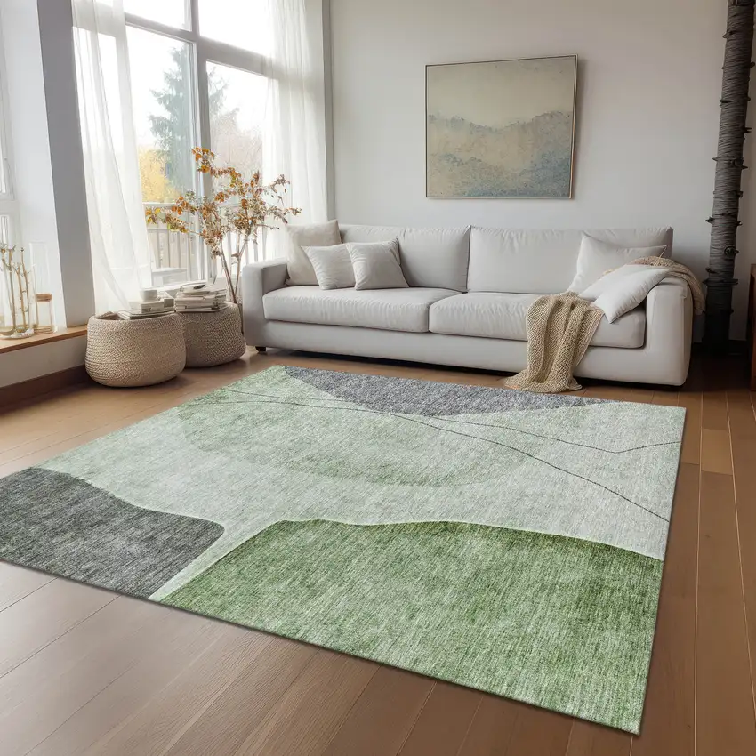 Green Olive Green And Gray Abstract Washable Indoor Outdoor Area Rug Photo 8