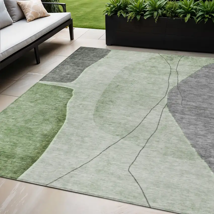 Green Olive Green And Gray Abstract Washable Indoor Outdoor Area Rug Photo 1