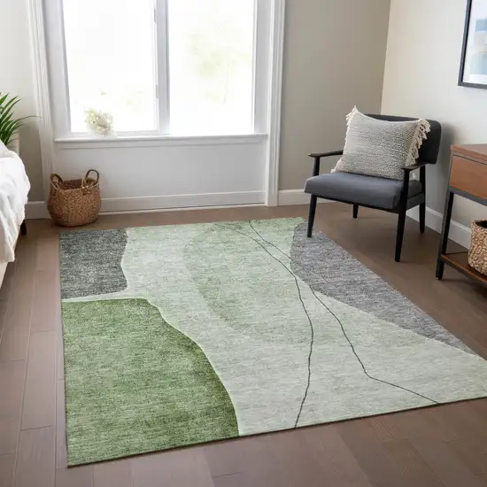 Green Olive Green And Gray Abstract Washable Indoor Outdoor Area Rug Photo 7