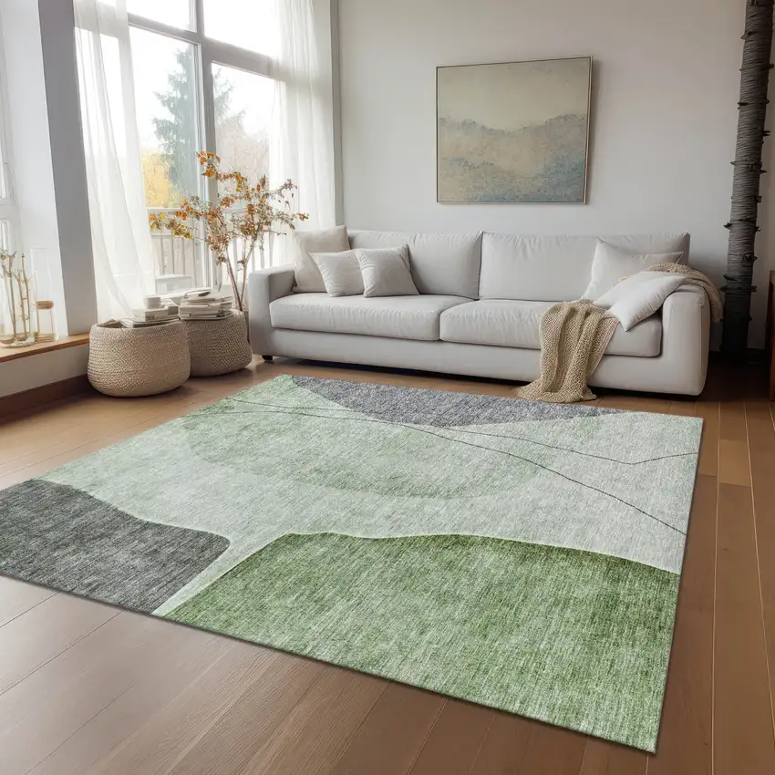 Green Olive Green And Gray Abstract Washable Indoor Outdoor Area Rug Photo 8