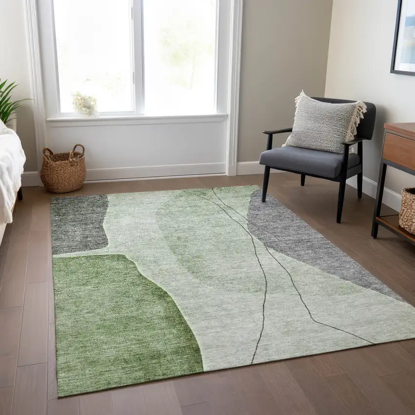 Green Olive Green And Gray Abstract Washable Indoor Outdoor Area Rug Photo 6