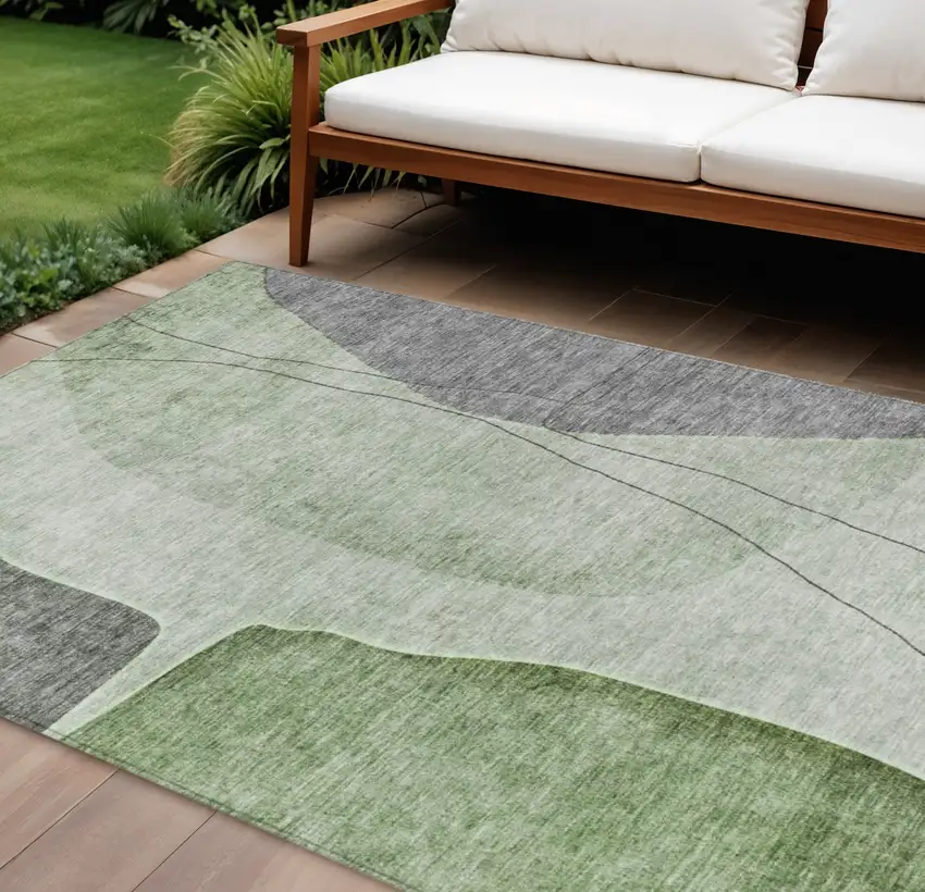 Green Olive Green And Gray Abstract Washable Indoor Outdoor Area Rug Photo 1