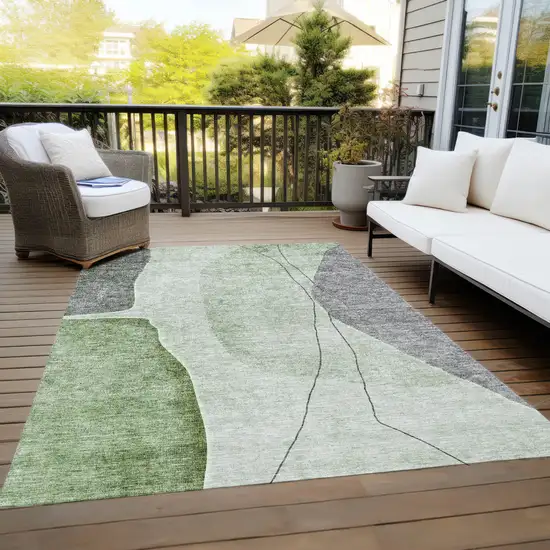 Olive Green And Gray Abstract Washable Indoor Outdoor Area Rug Photo 9