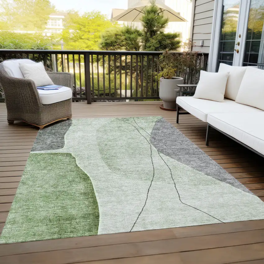 Olive Green And Gray Abstract Washable Indoor Outdoor Area Rug Photo 9