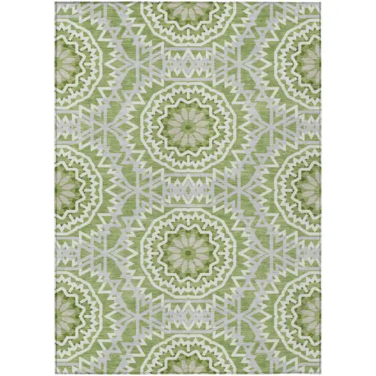 Green Olive Green And Ivory Floral Medallion Washable Indoor Outdoor Area Rug Photo 2