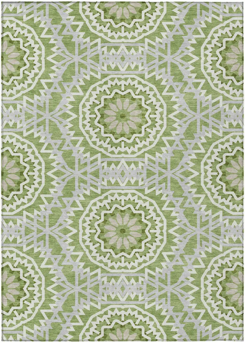 Green Olive Green And Ivory Floral Medallion Washable Indoor Outdoor Area Rug Photo 2