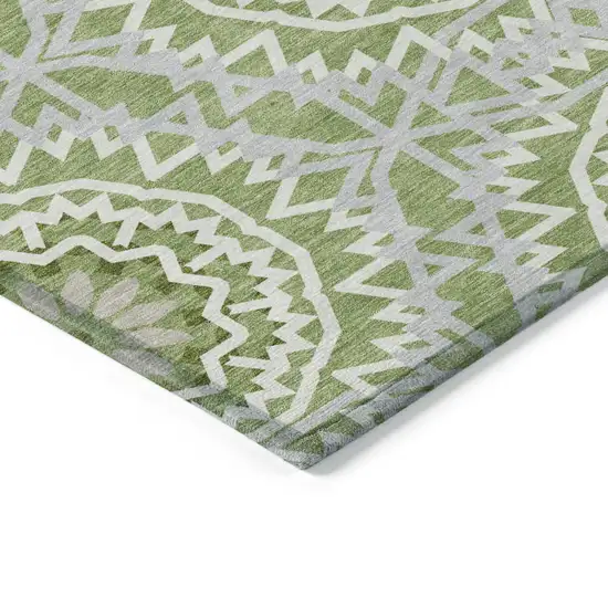 Green Olive Green And Ivory Floral Medallion Washable Indoor Outdoor Area Rug Photo 4