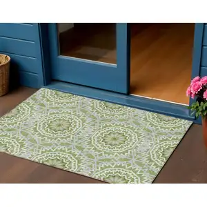 Photo of Green Olive Green And Ivory Floral Medallion Washable Indoor Outdoor Area Rug