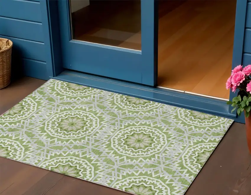 Green Olive Green And Ivory Floral Medallion Washable Indoor Outdoor Area Rug Photo 1