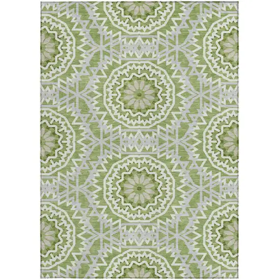 Green Olive Green And Ivory Floral Medallion Washable Indoor Outdoor Area Rug Photo 5