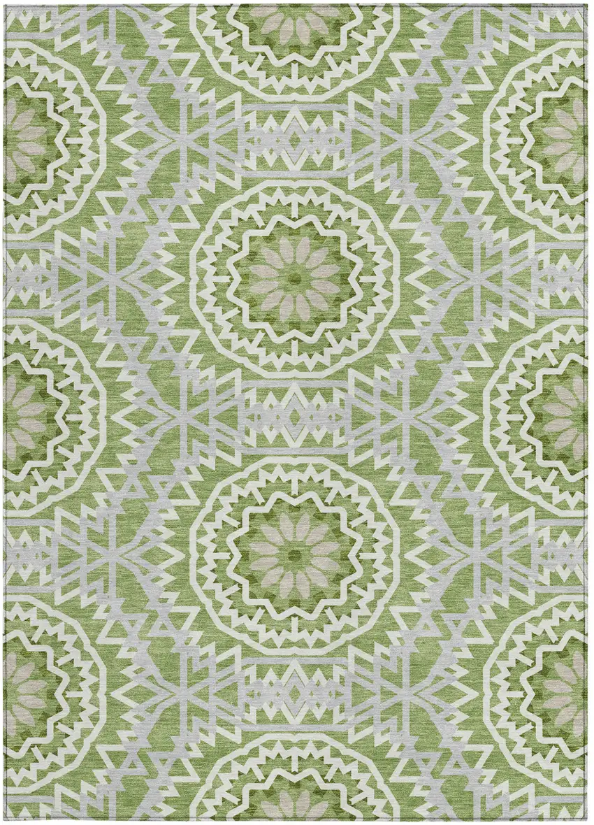 Green Olive Green And Ivory Floral Medallion Washable Indoor Outdoor Area Rug Photo 5