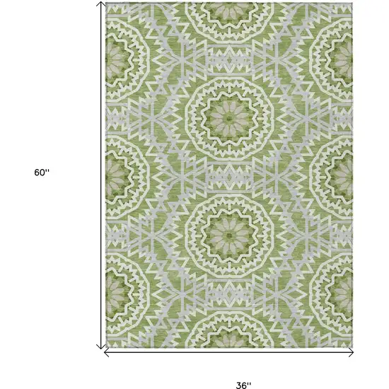 Green Olive Green And Ivory Floral Medallion Washable Indoor Outdoor Area Rug Photo 3