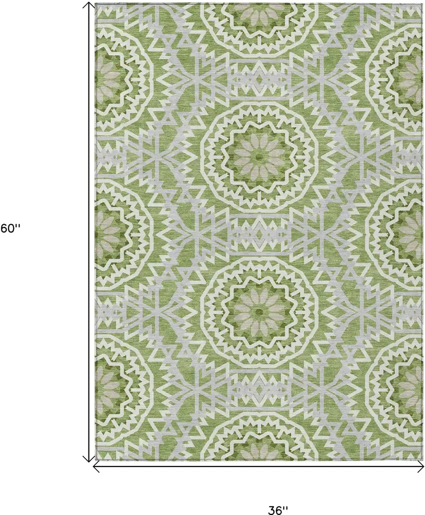 Green Olive Green And Ivory Floral Medallion Washable Indoor Outdoor Area Rug Photo 3
