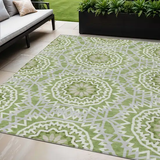 Green Olive Green And Ivory Floral Medallion Washable Indoor Outdoor Area Rug Photo 1