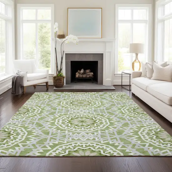 Green Olive Green And Ivory Floral Medallion Washable Indoor Outdoor Area Rug Photo 7