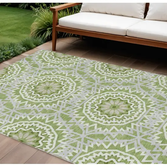 Green Olive Green And Ivory Floral Medallion Washable Indoor Outdoor Area Rug Photo 1