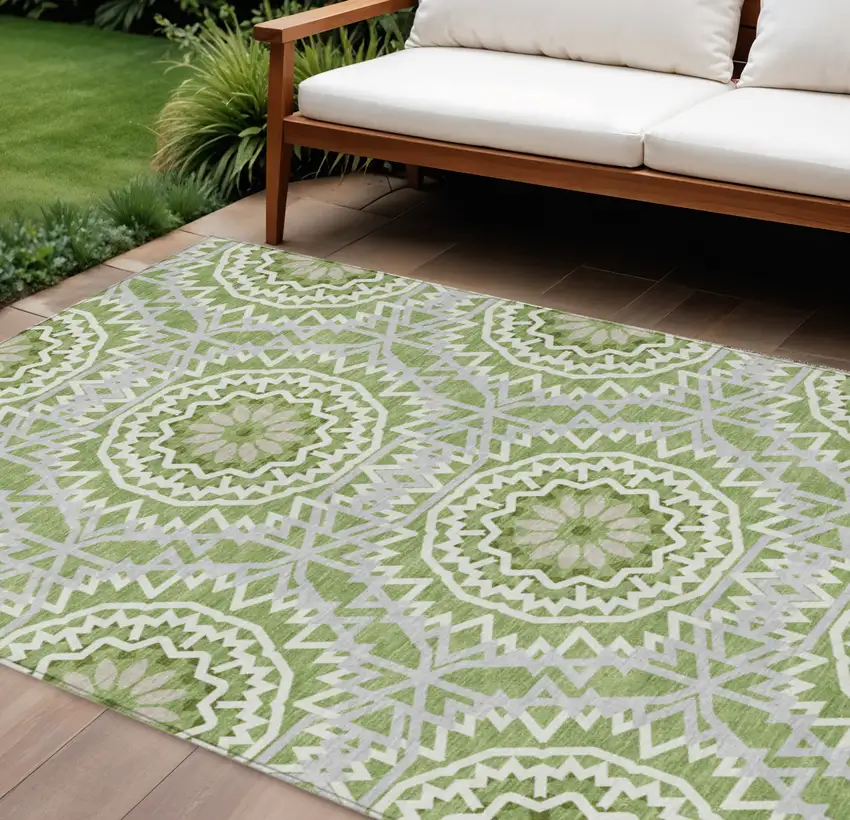 Green Olive Green And Ivory Floral Medallion Washable Indoor Outdoor Area Rug Photo 1