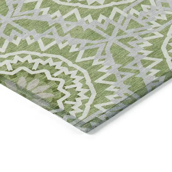 Green Olive Green And Ivory Floral Medallion Washable Indoor Outdoor Area Rug Photo 4