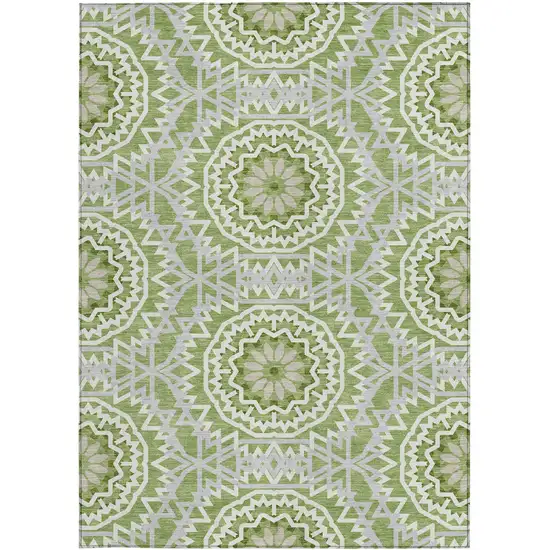 Green Olive Green And Ivory Floral Medallion Washable Indoor Outdoor Area Rug Photo 5