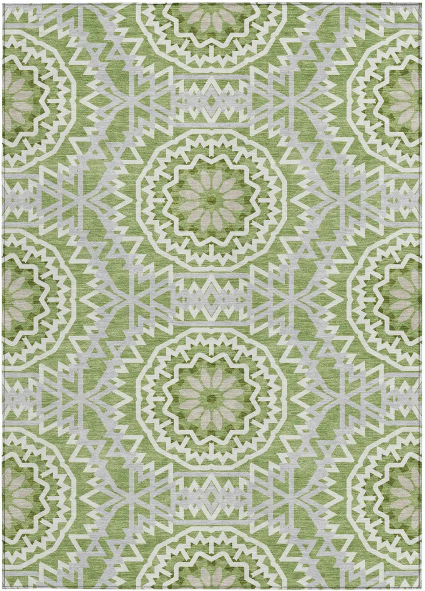 Green Olive Green And Ivory Floral Medallion Washable Indoor Outdoor Area Rug Photo 5