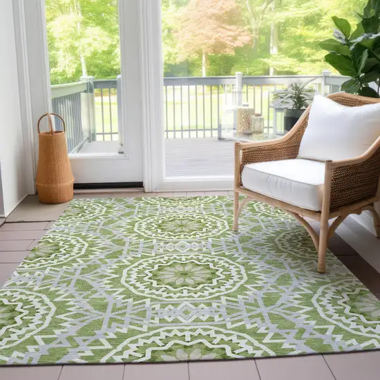 Green Olive Green And Ivory Floral Medallion Washable Indoor Outdoor Area Rug Photo 8