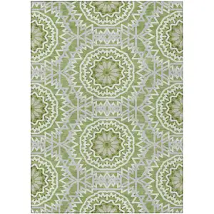Photo of Green Olive Green And Ivory Floral Medallion Washable Indoor Outdoor Area Rug