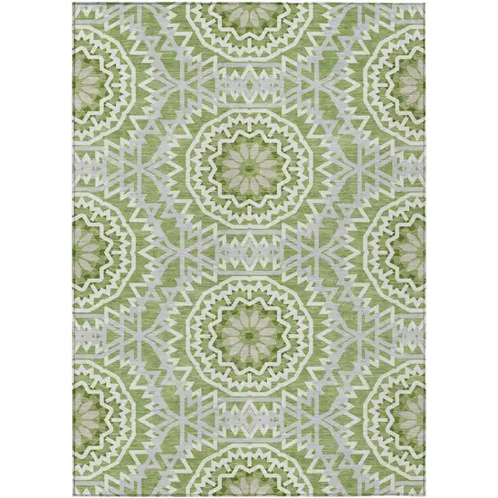 Green Olive Green And Ivory Floral Medallion Washable Indoor Outdoor Area Rug Photo 2