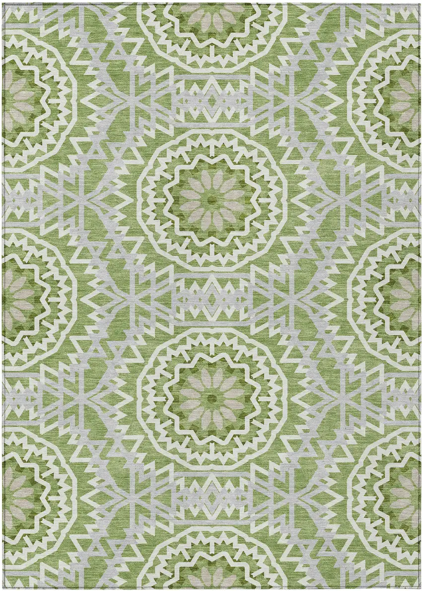 Green Olive Green And Ivory Floral Medallion Washable Indoor Outdoor Area Rug Photo 2