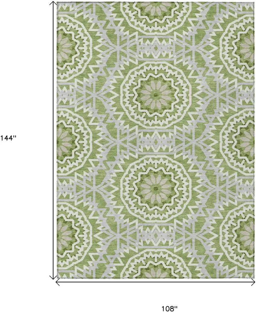 Green Olive Green And Ivory Floral Medallion Washable Indoor Outdoor Area Rug Photo 3
