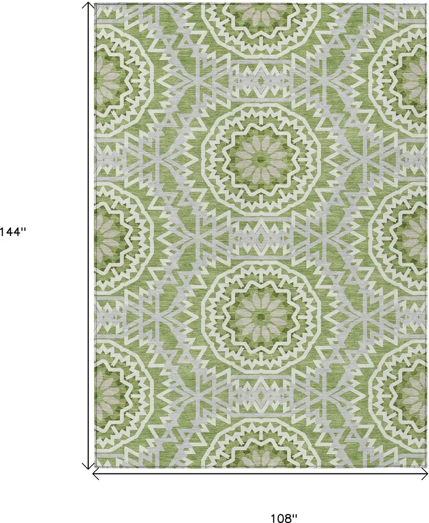 Green Olive Green And Ivory Floral Medallion Washable Indoor Outdoor Area Rug Photo 3