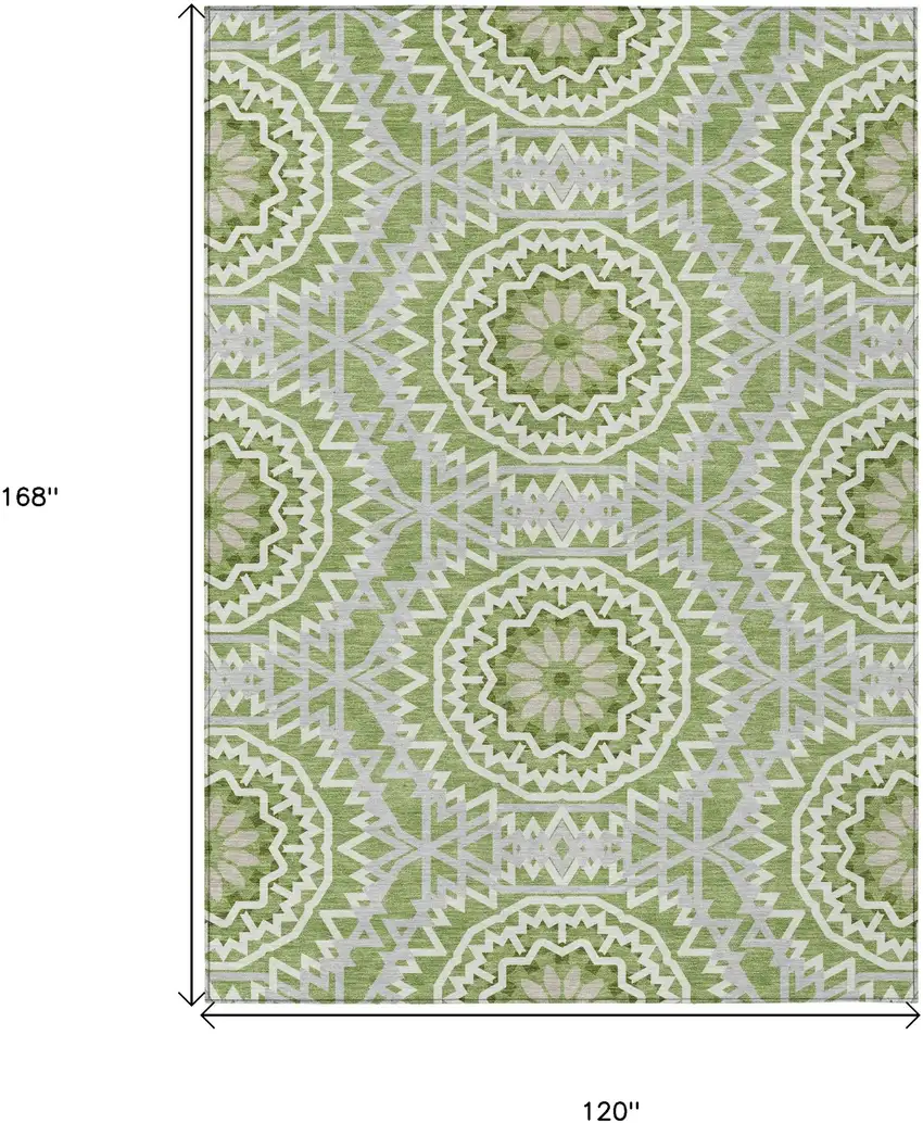 Green Olive Green And Ivory Floral Medallion Washable Indoor Outdoor Area Rug Photo 3