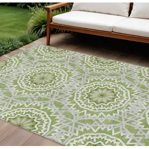 Photo of Green Olive Green And Ivory Floral Medallion Washable Indoor Outdoor Area Rug