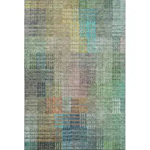 Photo of Green Orange And Blue Abstract Geometric Washable Area Rug With UV Protection