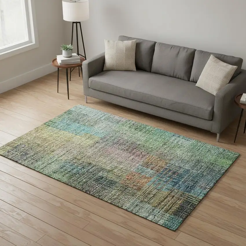 Green Orange And Blue Abstract Geometric Washable Area Rug With UV Protection Photo 2