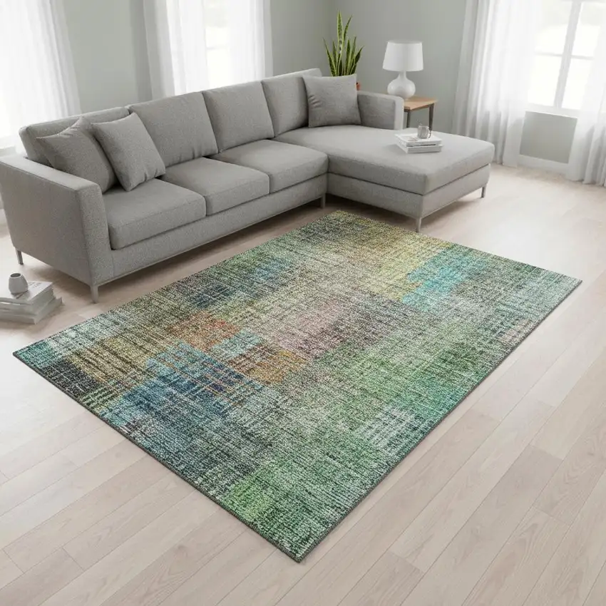 Green Orange And Blue Abstract Geometric Washable Area Rug With UV Protection Photo 2