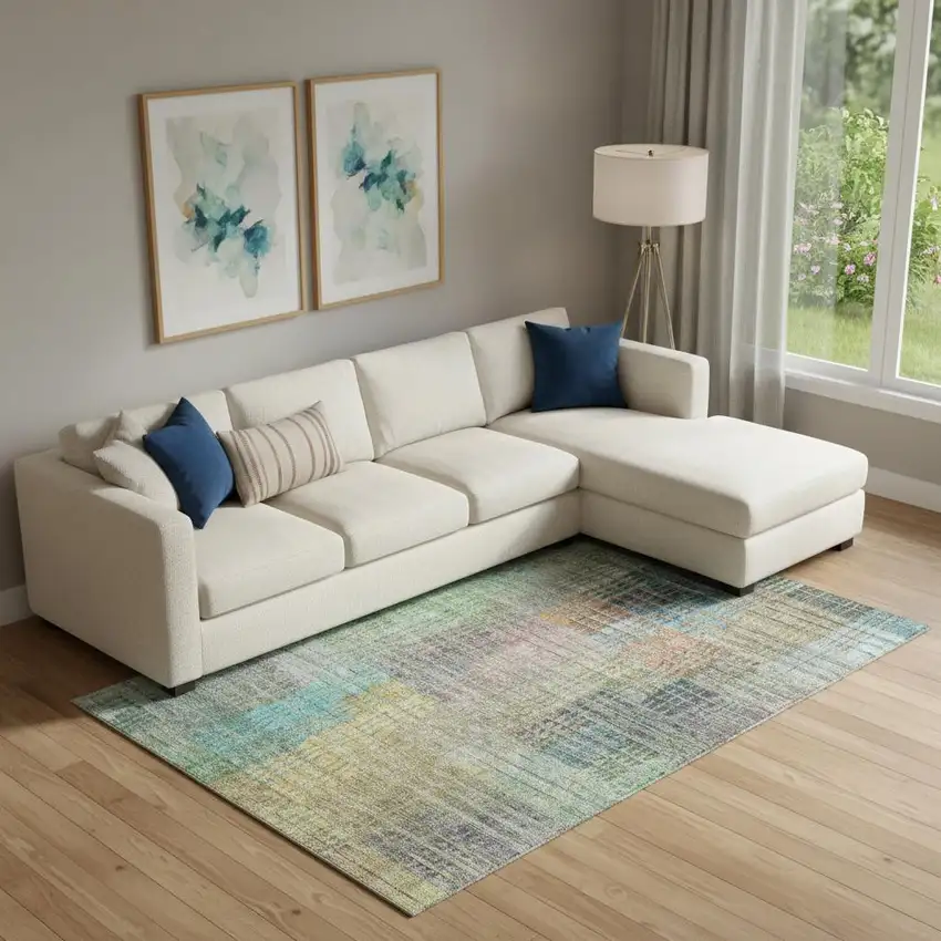 Green Orange And Blue Abstract Geometric Washable Area Rug With UV Protection Photo 1