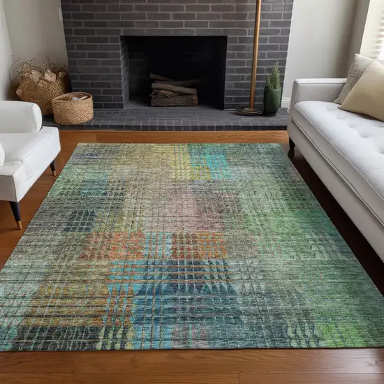 Green Orange And Blue Abstract Geometric Washable Area Rug With UV Protection Photo 4