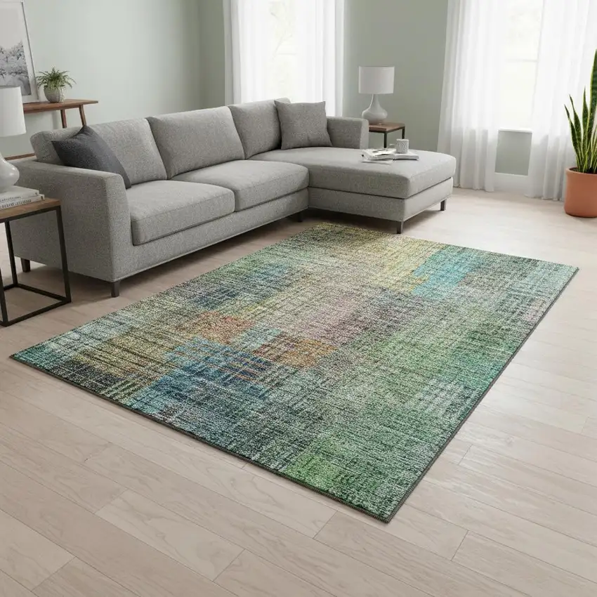 Green Orange And Blue Abstract Geometric Washable Area Rug With UV Protection Photo 2