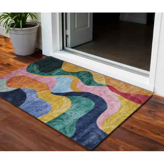 Green Orange And Pink Abstract Washable Indoor Outdoor Area Rug Photo 1