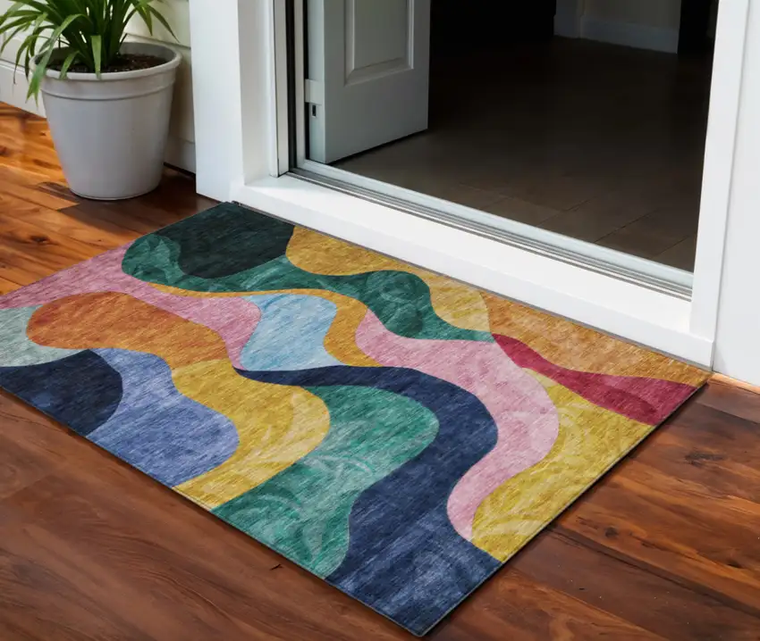 Green Orange And Pink Abstract Washable Indoor Outdoor Area Rug Photo 1