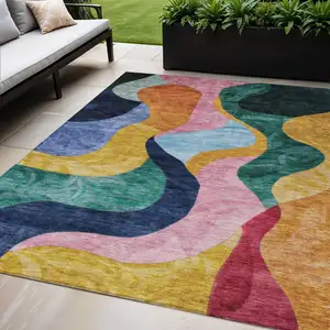 Photo of Green Orange And Pink Abstract Washable Indoor Outdoor Area Rug