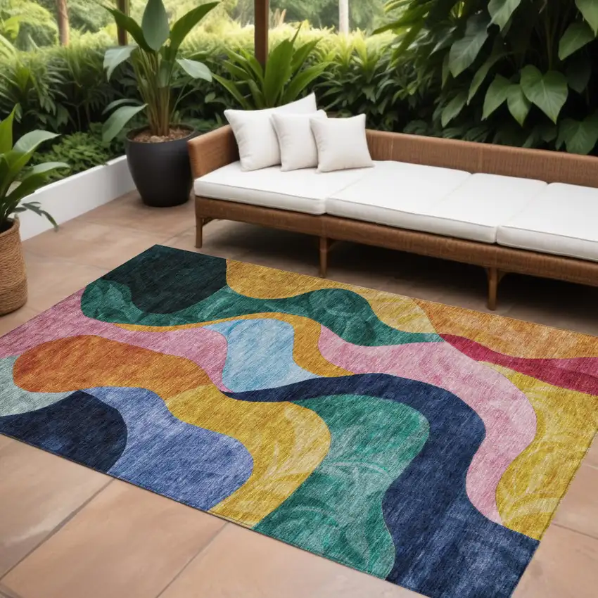 Green Orange And Pink Abstract Washable Indoor Outdoor Area Rug Photo 1