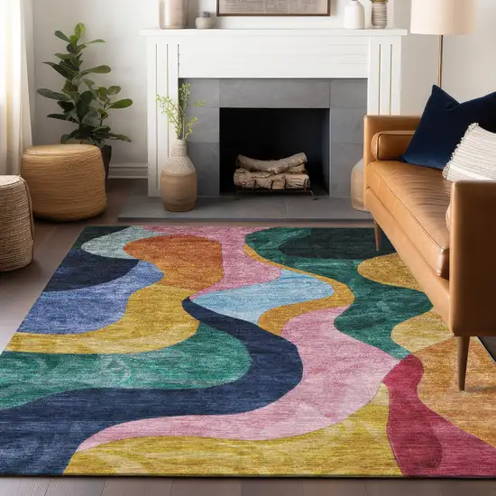 Green Orange And Pink Abstract Washable Indoor Outdoor Area Rug Photo 9