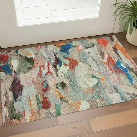 Green Orange And Teal Abstract Washable Area Rug With UV Protection Photo 1