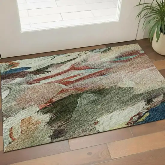 Green Orange And Teal Abstract Washable Area Rug With UV Protection Photo 2