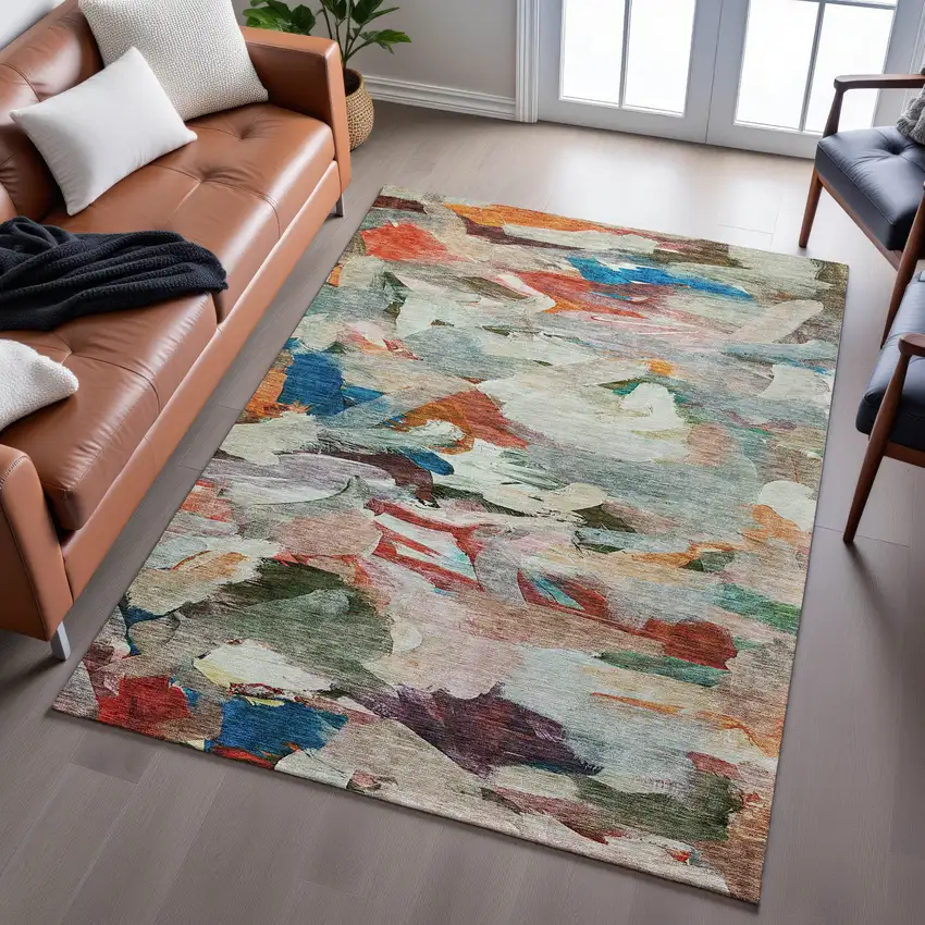 Green Orange And Teal Abstract Washable Area Rug With UV Protection Photo 3